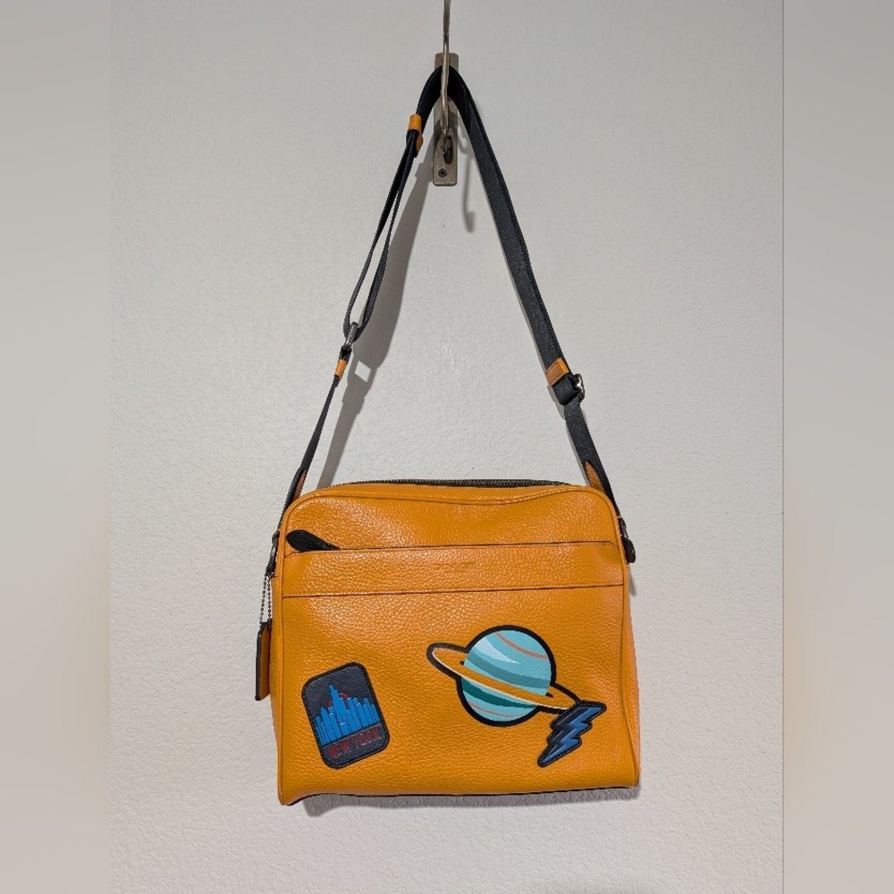 COACH Charles Galaxy Planet Patches Carry Bag Purse Crossbody Tangerine Orange